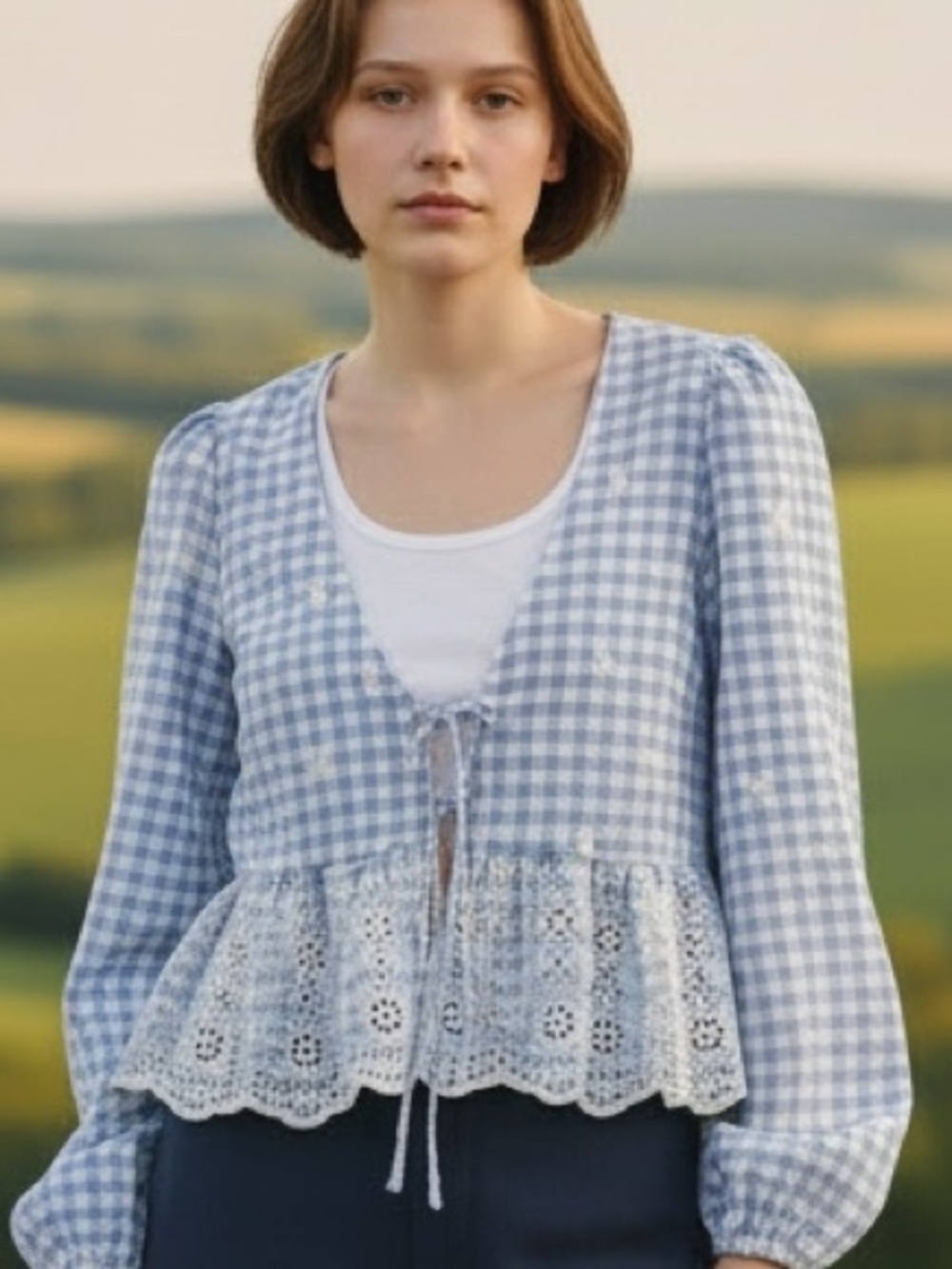 Lush Light Blue Gingham Crochet Peplum Blouse
